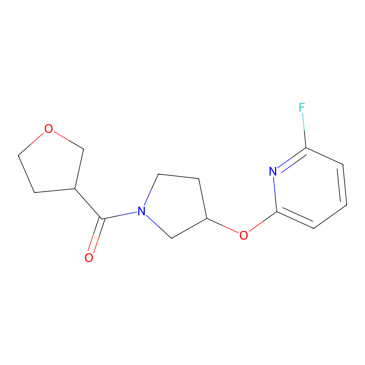 2-Fluoro-6-{[1-(oxolane-3-carbonyl)pyrrolidin-3-yl]oxy}pyridine molecular structure, CAS 3054582-85-0