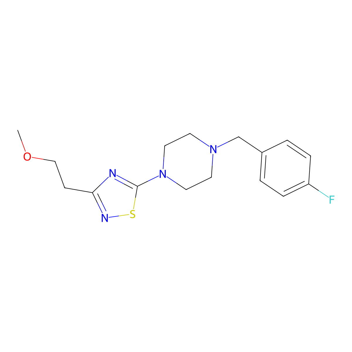 1-[(4-Fluorophenyl)methyl]-4-[3-(2-methoxyethyl)-1,2,4-thiadiazol-5-yl]piperazine molecular structure, CAS 3054582-88-3