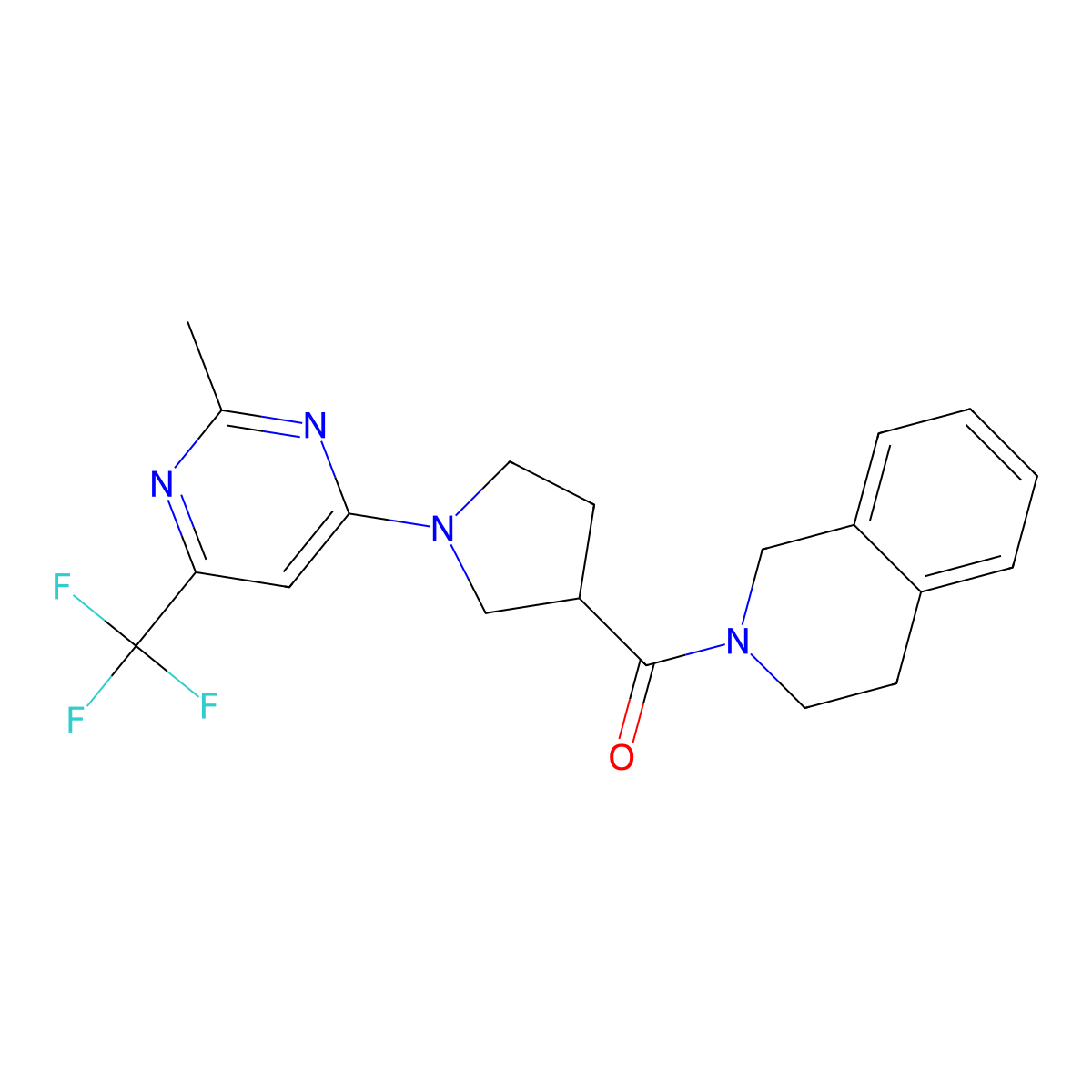 2-{1-[2-Methyl-6-(trifluoromethyl)pyrimidin-4-yl]pyrrolidine-3-carbonyl}-1,2,3,4-tetrahydroisoquinoline molecular structure, CAS 3054582-98-5