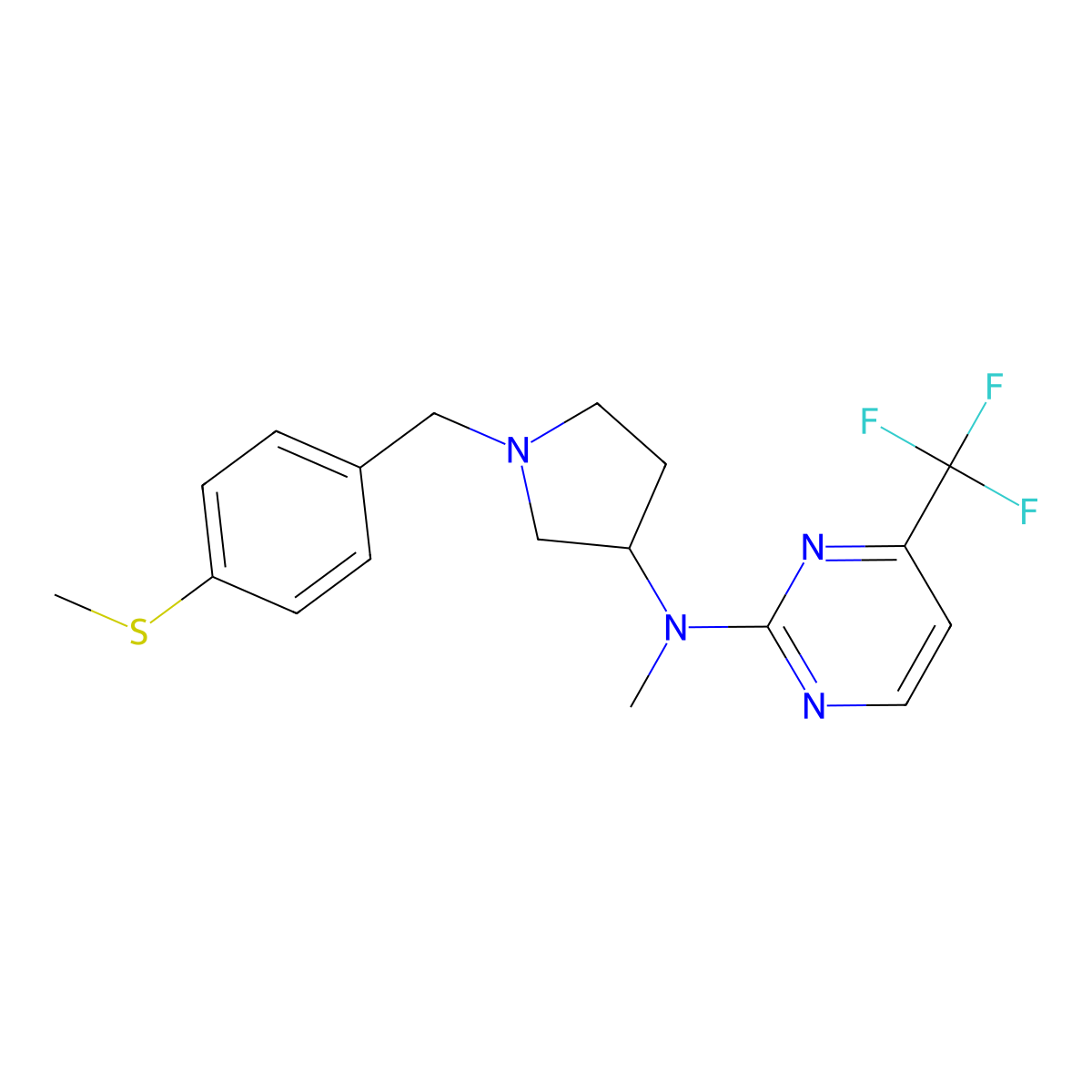 N-methyl-N-(1-{[4-(methylsulfanyl)phenyl]methyl}pyrrolidin-3-yl)-4-(trifluoromethyl)pyrimidin-2-amine molecular structure, CAS 3054583-03-5
