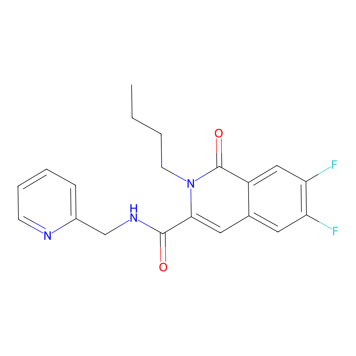 2-butyl-6,7-difluoro-1-oxo-N-[(pyridin-2-yl)methyl]-1,2-dihydroisoquinoline-3-carboxamide molecular structure, CAS 3054583-06-8