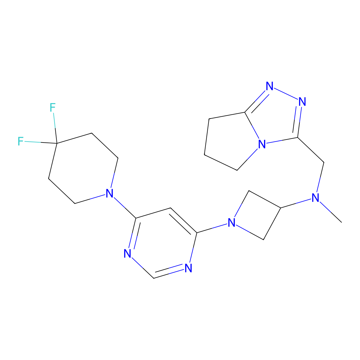 1-[6-(4,4-difluoropiperidin-1-yl)pyrimidin-4-yl]-N-methyl-N-({5H,6H,7H-pyrrolo[2,1-c][1,2,4]triazol-3-yl}methyl)azetidin-3-amine molecular structure, CAS 3054583-11-5