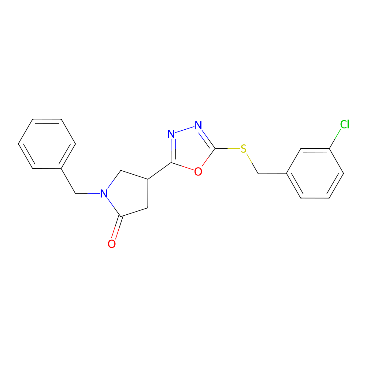 1-Benzyl-4-[5-[(3-chlorophenyl)methylsulfanyl]-1,3,4-oxadiazol-2-yl]pyrrolidin-2-one molecular structure, CAS 3054583-12-6
