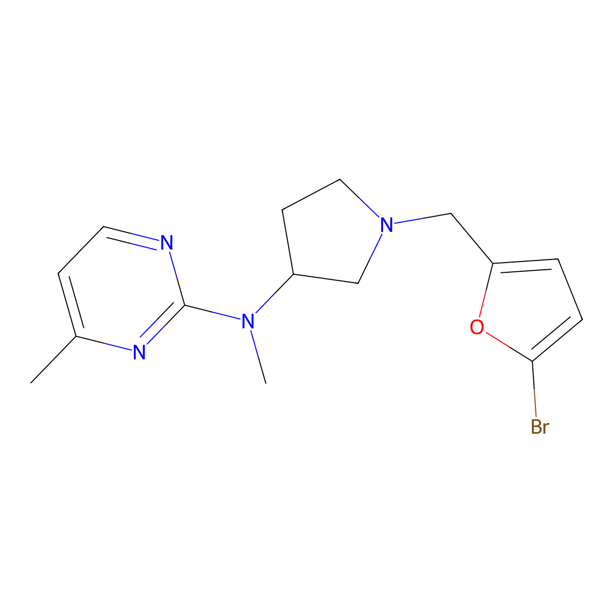 N-{1-[(5-bromofuran-2-yl)methyl]pyrrolidin-3-yl}-N,4-dimethylpyrimidin-2-amine molecular structure, CAS 3054583-16-0