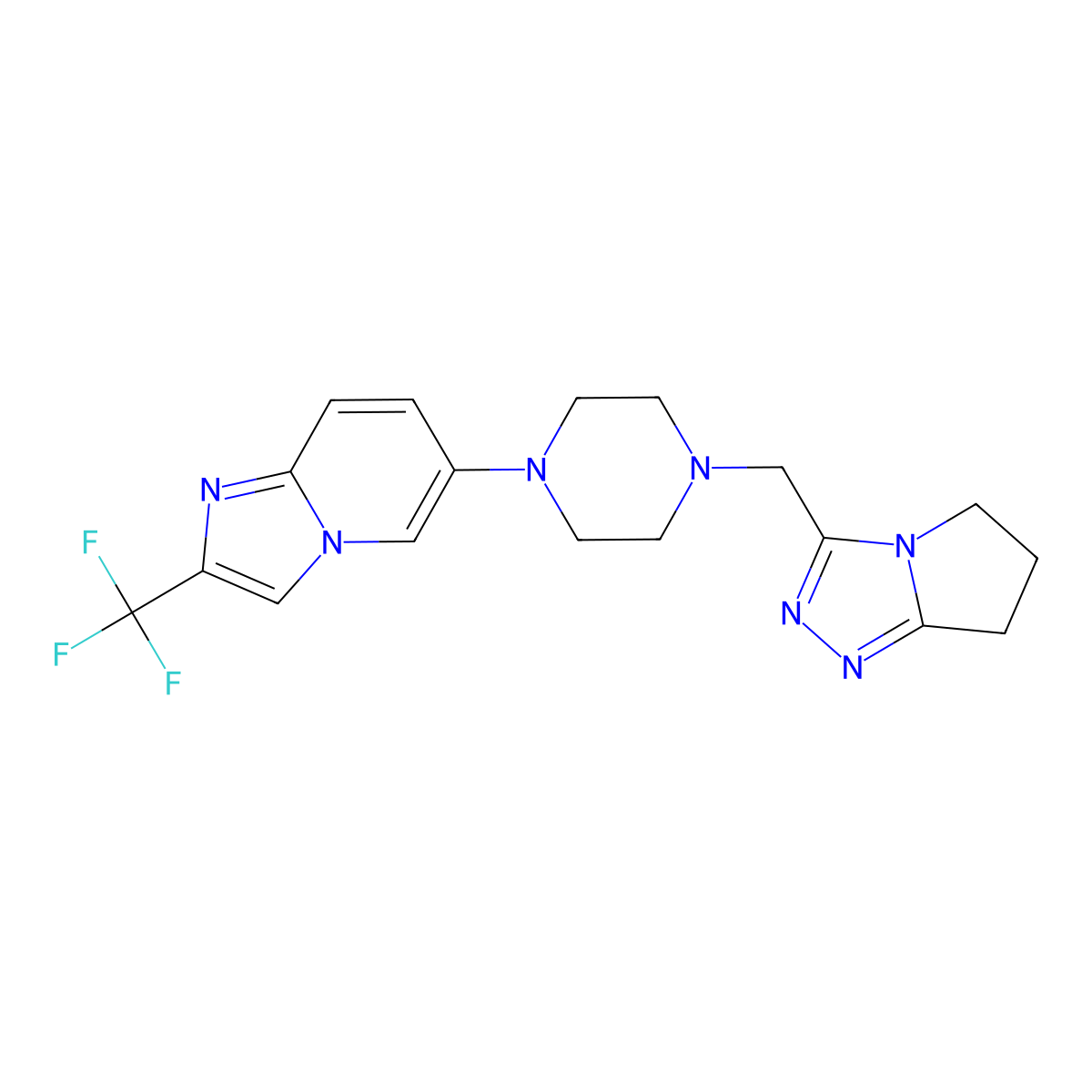 1-({5H,6H,7H-pyrrolo[2,1-c][1,2,4]triazol-3-yl}methyl)-4-[2-(trifluoromethyl)imidazo[1,2-a]pyridin-6-yl]piperazine molecular structure, CAS 3054583-23-9