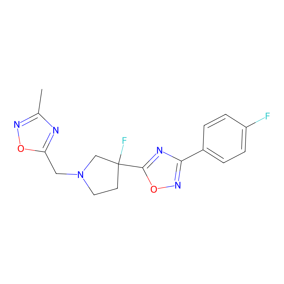5-{3-Fluoro-1-[(3-methyl-1,2,4-oxadiazol-5-yl)methyl]pyrrolidin-3-yl}-3-(4-fluorophenyl)-1,2,4-oxadiazole molecular structure, CAS 3054583-30-8