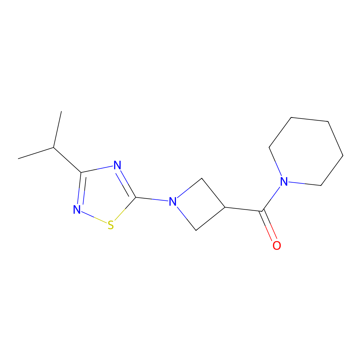 1-{1-[3-(Propan-2-yl)-1,2,4-thiadiazol-5-yl]azetidine-3-carbonyl}piperidine molecular structure, CAS 3054583-34-2