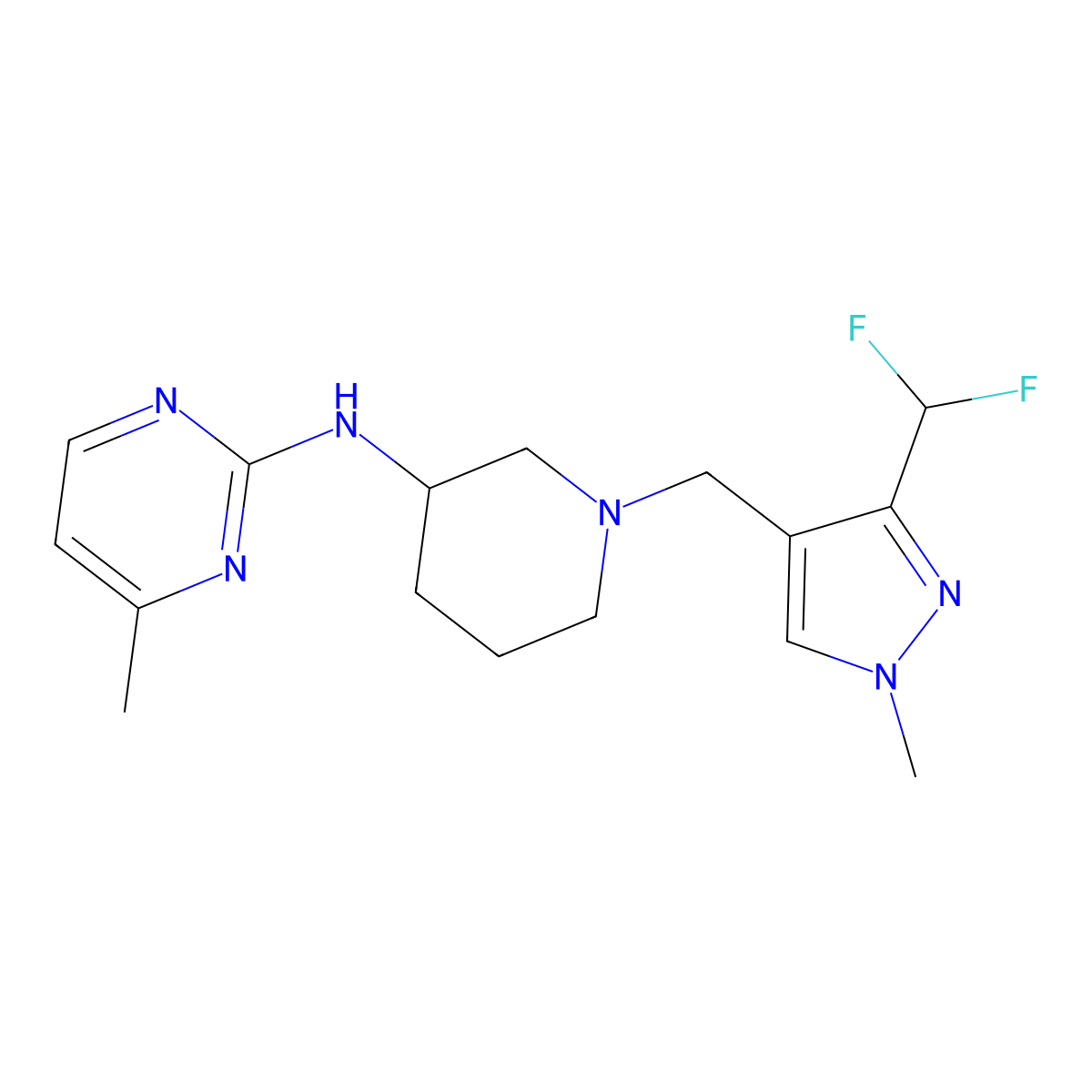 N-(1-{[3-(difluoromethyl)-1-methyl-1H-pyrazol-4-yl]methyl}piperidin-3-yl)-4-methylpyrimidin-2-amine molecular structure, CAS 3054583-35-3