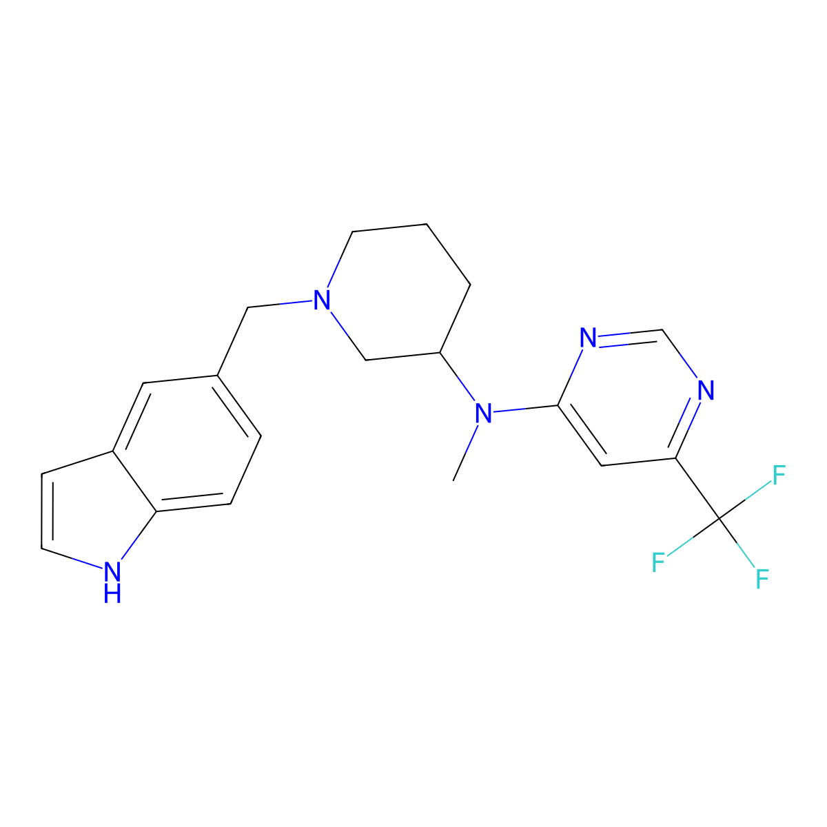 N-{1-[(1H-indol-5-yl)methyl]piperidin-3-yl}-N-methyl-6-(trifluoromethyl)pyrimidin-4-amine molecular structure, CAS 3054583-44-4