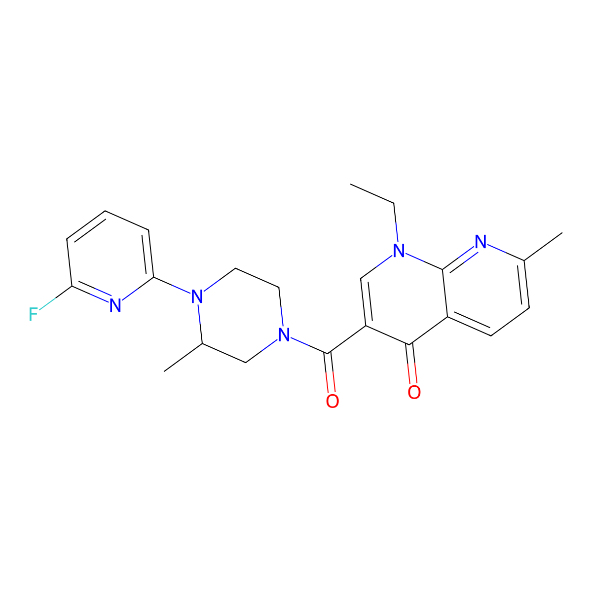 1-Ethyl-3-[4-(6-fluoropyridin-2-yl)-3-methylpiperazine-1-carbonyl]-7-methyl-1,4-dihydro-1,8-naphthyridin-4-one molecular structure, CAS 3054583-51-3