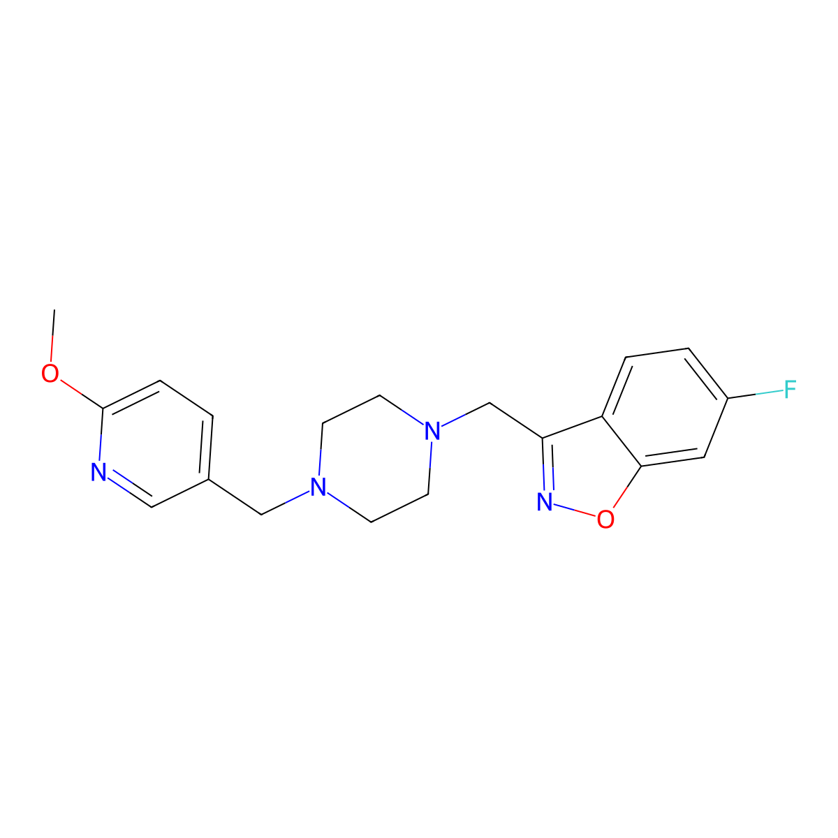 6-Fluoro-3-({4-[(6-methoxypyridin-3-yl)methyl]piperazin-1-yl}methyl)-1,2-benzoxazole molecular structure, CAS 3054583-53-5