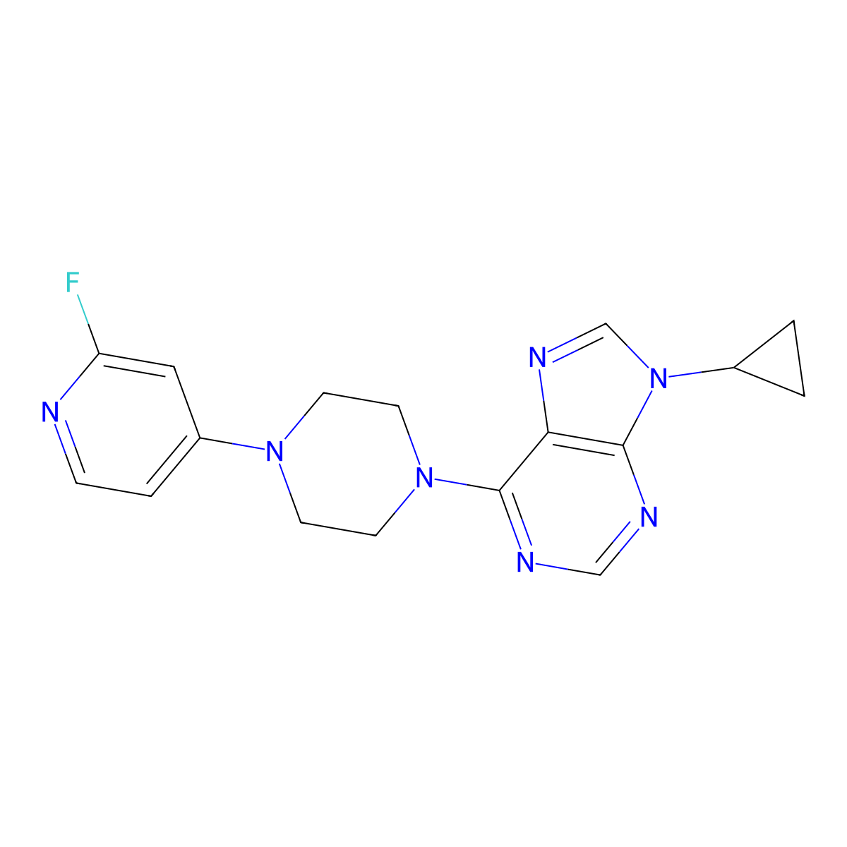 9-cyclopropyl-6-[4-(2-fluoropyridin-4-yl)piperazin-1-yl]-9H-purine molecular structure, CAS 3054583-56-8