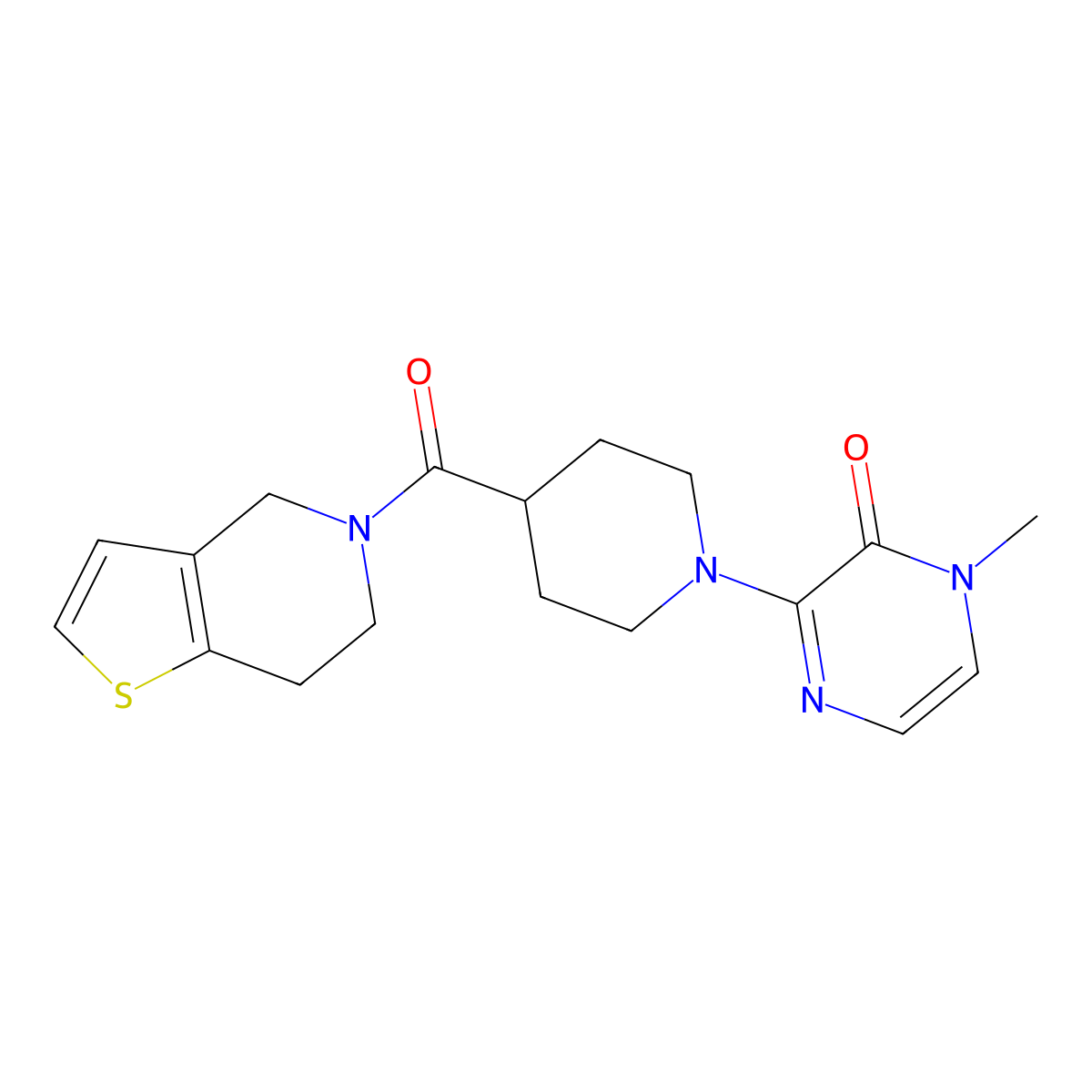 1-methyl-3-(4-{4H,5H,6H,7H-thieno[3,2-c]pyridine-5-carbonyl}piperidin-1-yl)-1,2-dihydropyrazin-2-one molecular structure, CAS 3054583-58-0