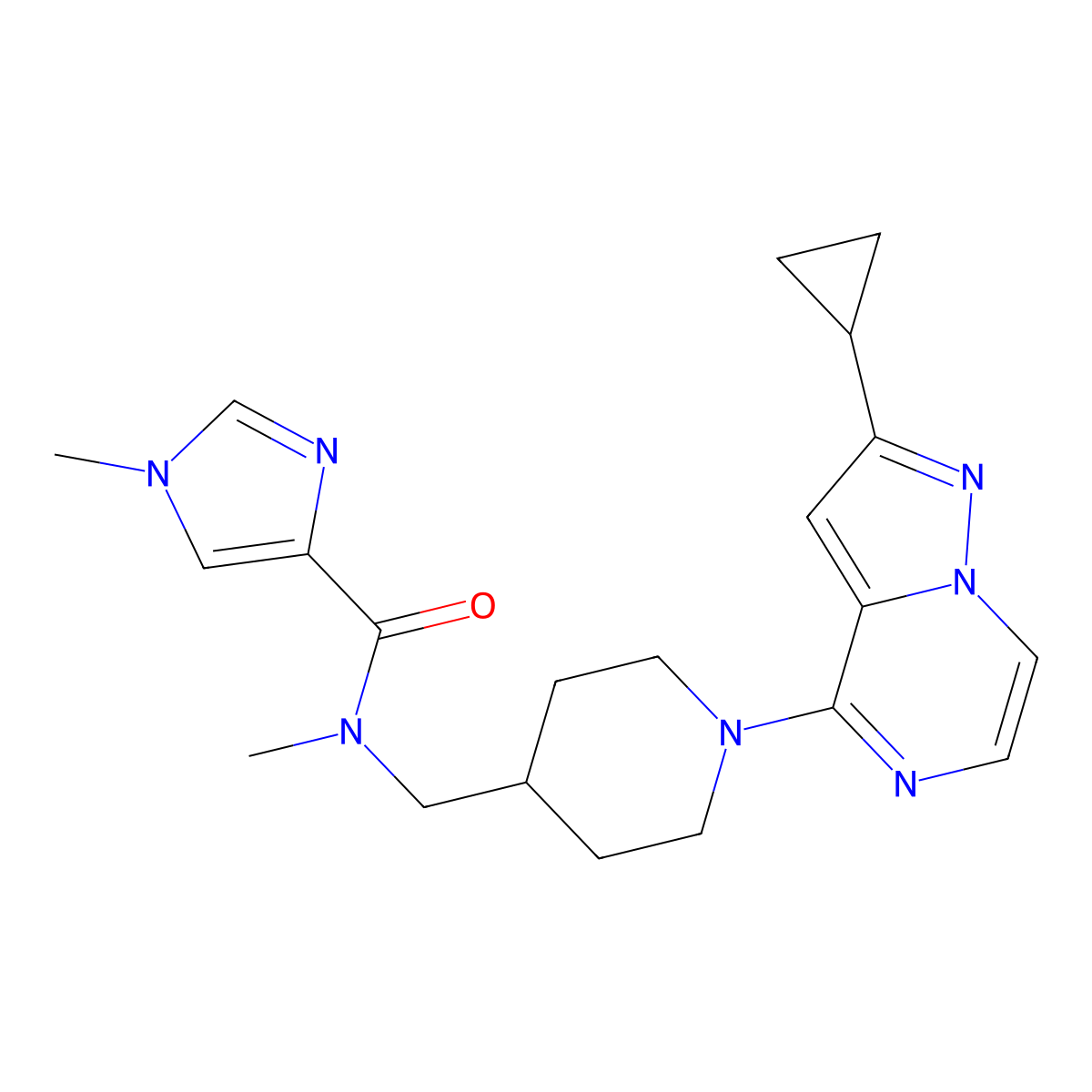 N-[(1-{2-cyclopropylpyrazolo[1,5-a]pyrazin-4-yl}piperidin-4-yl)methyl]-N,1-dimethyl-1H-imidazole-4-carboxamide molecular structure, CAS 3054583-59-1