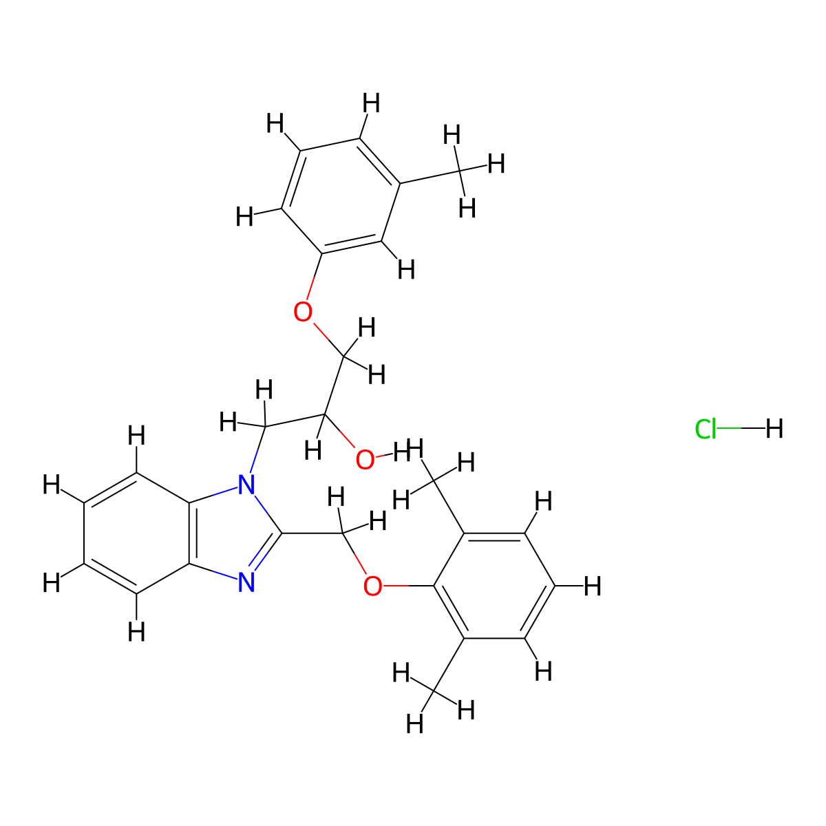 1-{2-[(2,6-dimethylphenoxy)methyl]-1H-1,3-benzodiazol-1-yl}-3-(3-methylphenoxy)propan-2-ol hydrochloride molecular structure, CAS 3054583-68-2