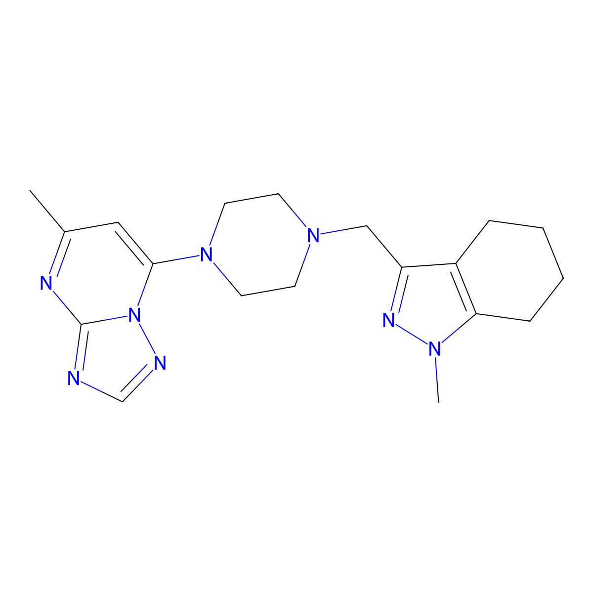 1-methyl-3-[(4-{5-methyl-[1,2,4]triazolo[1,5-a]pyrimidin-7-yl}piperazin-1-yl)methyl]-4,5,6,7-tetrahydro-1H-indazole molecular structure, CAS 3054583-78-4