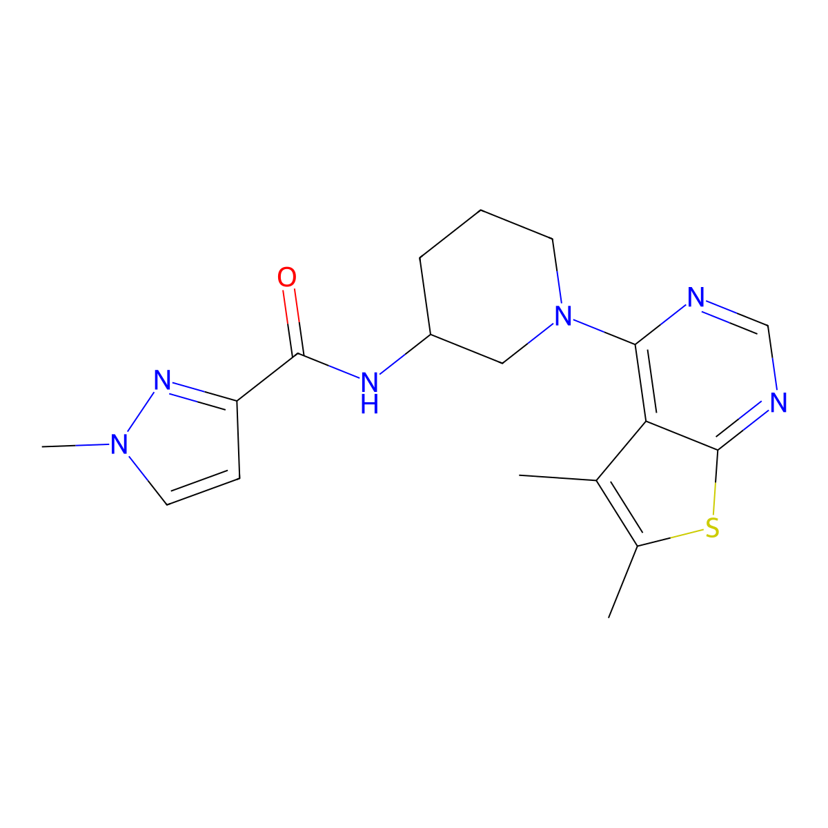 N-(1-{5,6-dimethylthieno[2,3-d]pyrimidin-4-yl}piperidin-3-yl)-1-methyl-1H-pyrazole-3-carboxamide molecular structure, CAS 3054583-79-5