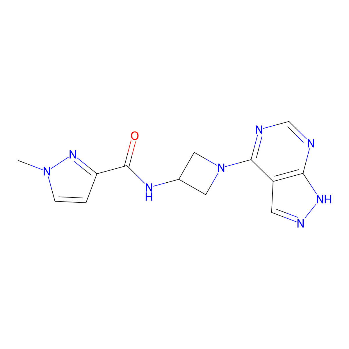 1-methyl-N-(1-{1H-pyrazolo[3,4-d]pyrimidin-4-yl}azetidin-3-yl)-1H-pyrazole-3-carboxamide molecular structure, CAS 3054583-87-5