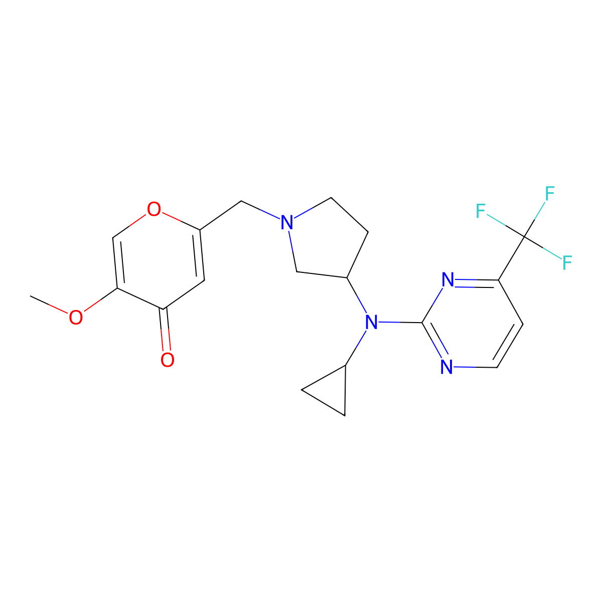 2-[(3-{cyclopropyl[4-(trifluoromethyl)pyrimidin-2-yl]amino}pyrrolidin-1-yl)methyl]-5-methoxy-4H-pyran-4-one molecular structure, CAS 3054583-97-7