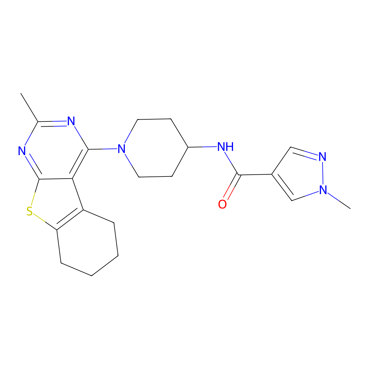 1-methyl-N-(1-{5-methyl-8-thia-4,6-diazatricyclo[7.4.0.0(2),]trideca-1(9),2,4,6-tetraen-3-yl}piperidin-4-yl)-1H-pyrazole-4-carboxamide molecular structure, CAS 3054584-00-5