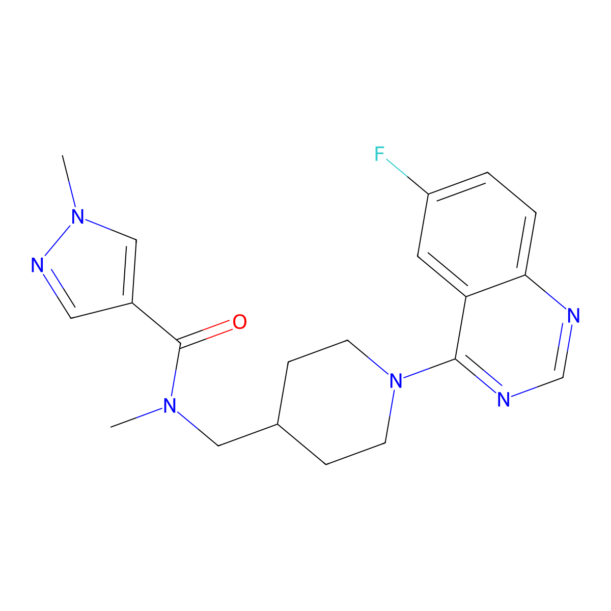 N-{[1-(6-fluoroquinazolin-4-yl)piperidin-4-yl]methyl}-N,1-dimethyl-1H-pyrazole-4-carboxamide molecular structure, CAS 3054584-17-4