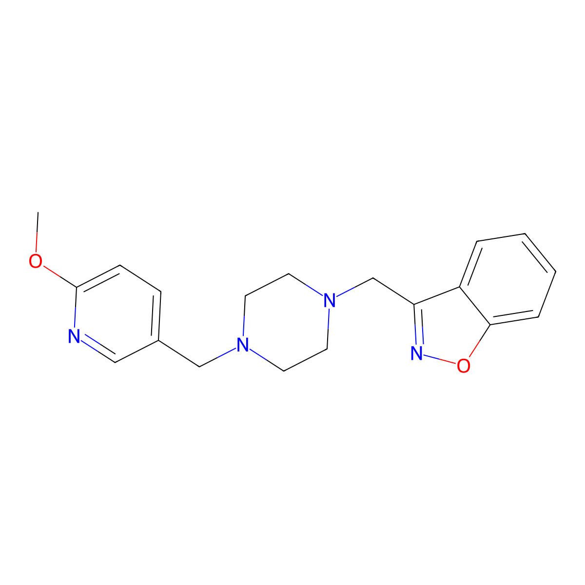 3-({4-[(6-Methoxypyridin-3-yl)methyl]piperazin-1-yl}methyl)-1,2-benzoxazole molecular structure, CAS 3054584-27-6