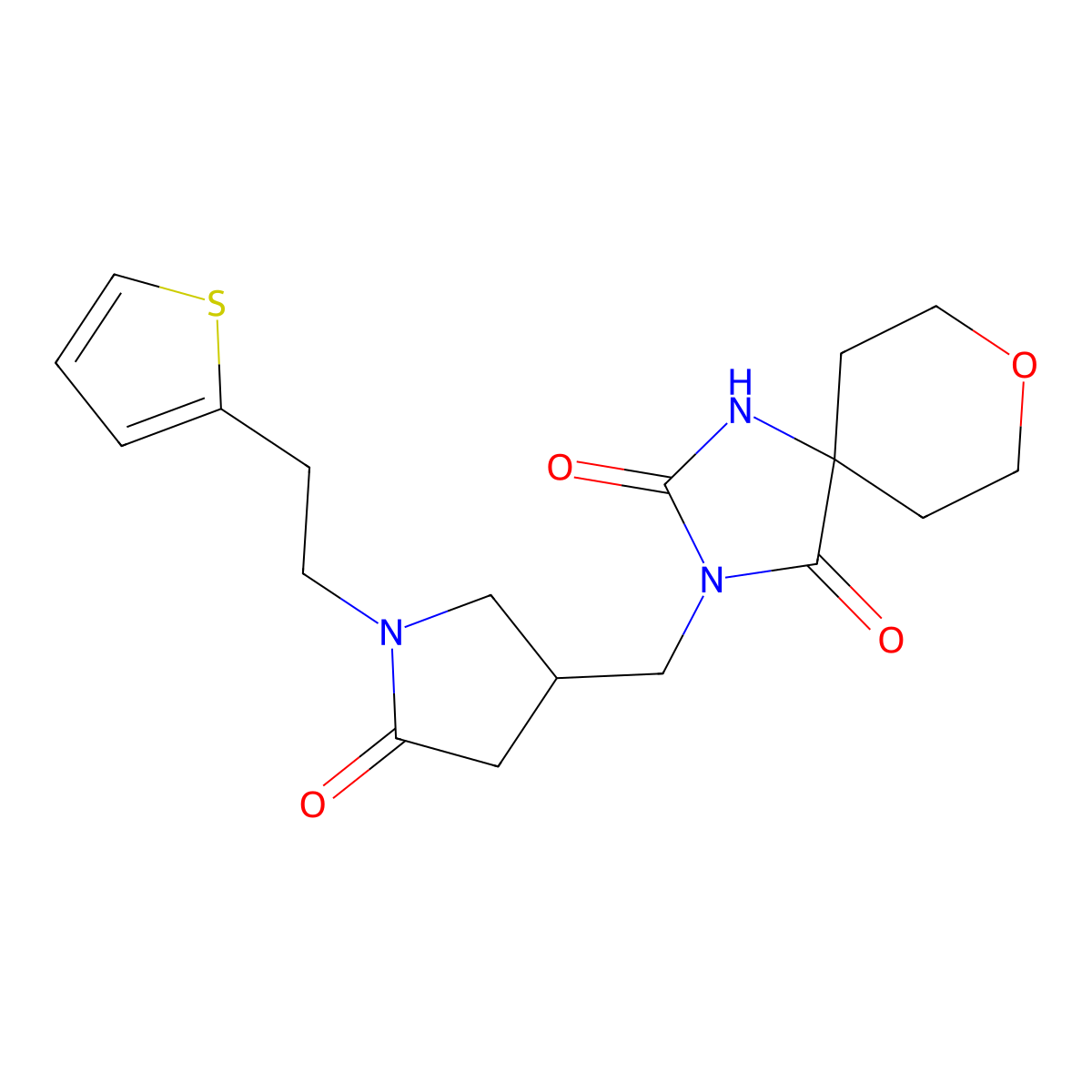 3-({5-Oxo-1-[2-(thiophen-2-yl)ethyl]pyrrolidin-3-yl}methyl)-8-oxa-1,3-diazaspiro[4.5]decane-2,4-dione molecular structure, CAS 3054584-34-5