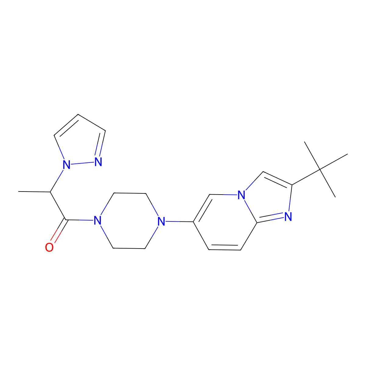 1-(4-{2-tert-butylimidazo[1,2-a]pyridin-6-yl}piperazin-1-yl)-2-(1H-pyrazol-1-yl)propan-1-one molecular structure, CAS 3054584-37-8