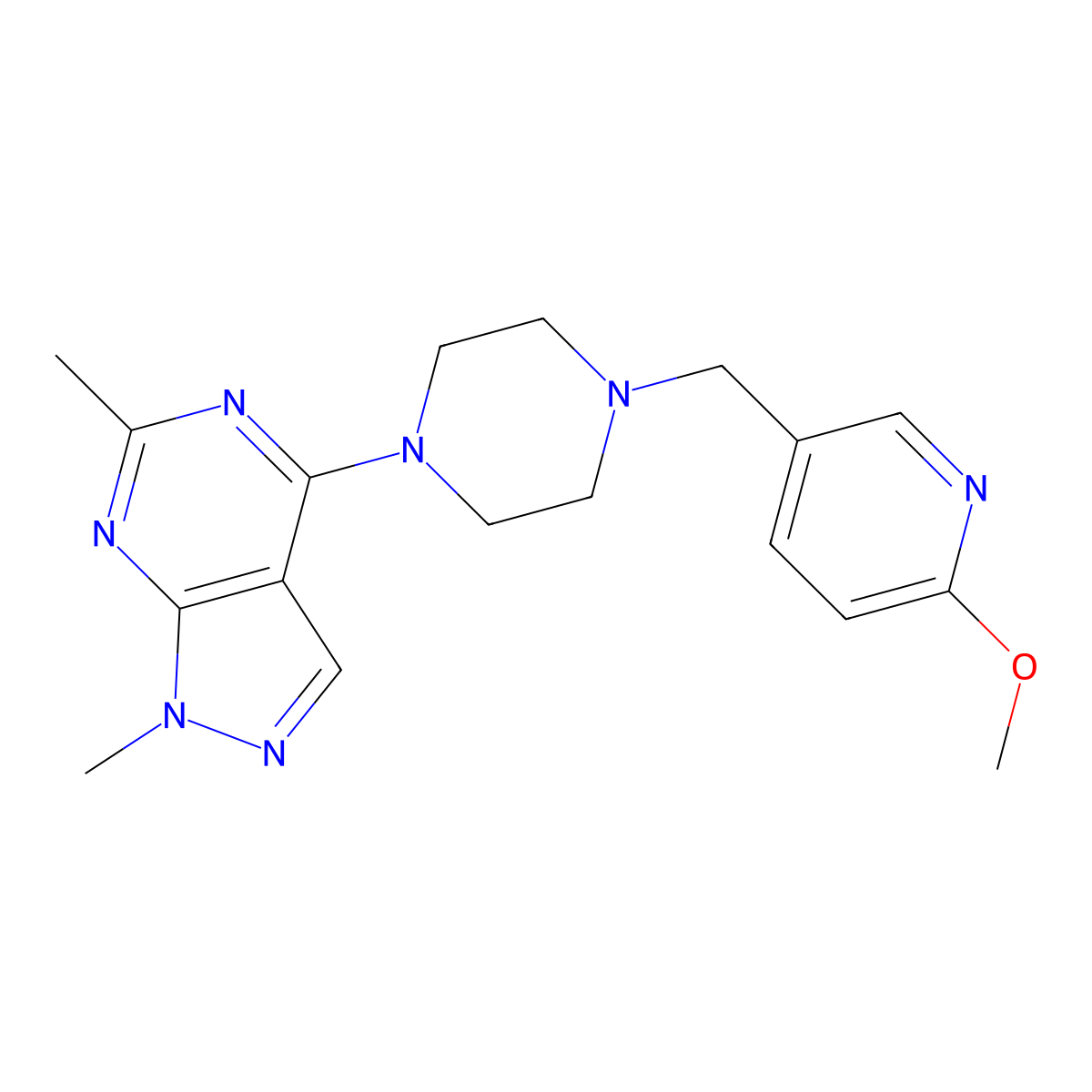 1-{1,6-dimethyl-1H-pyrazolo[3,4-d]pyrimidin-4-yl}-4-[(6-methoxypyridin-3-yl)methyl]piperazine molecular structure, CAS 3054584-39-0