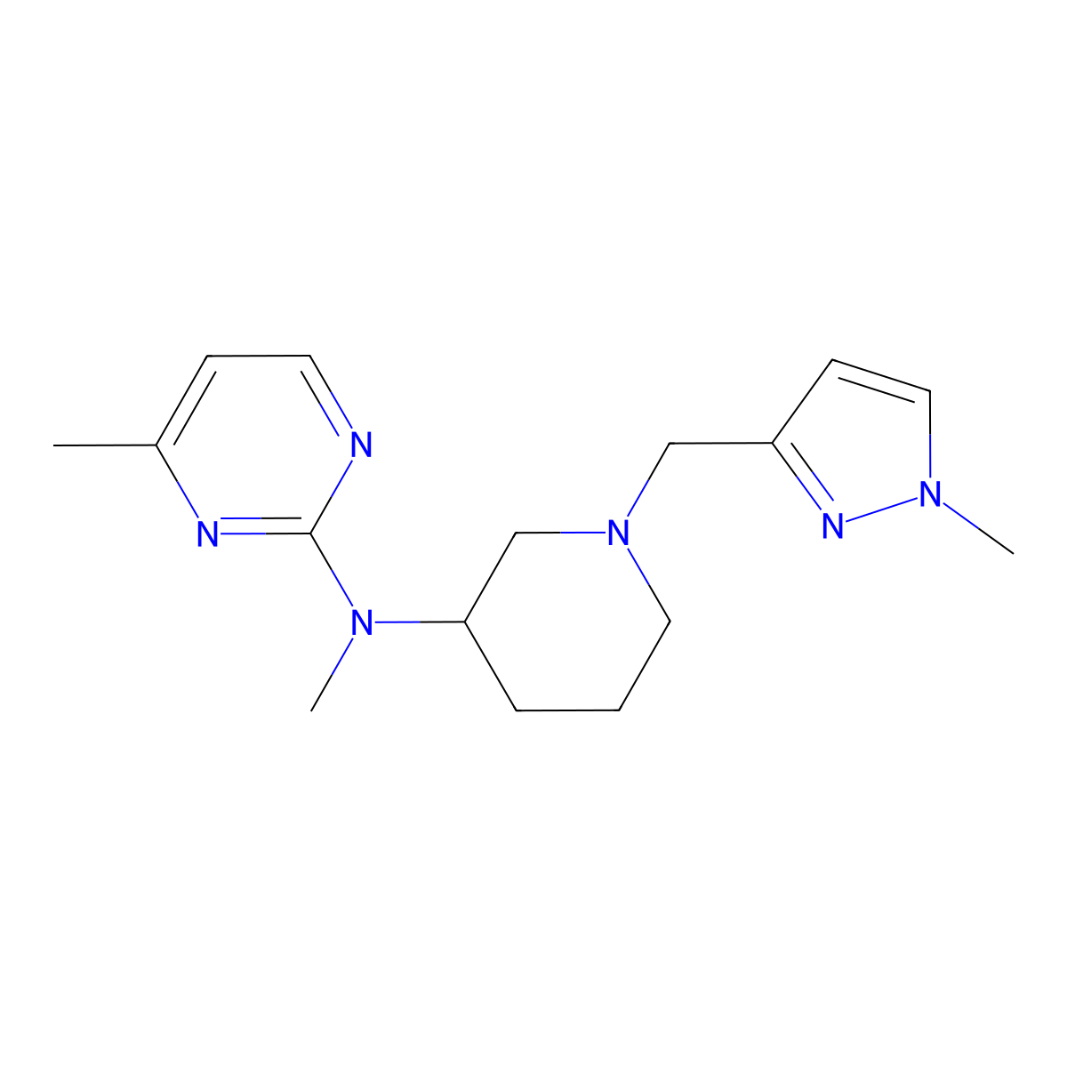 N,4-dimethyl-N-{1-[(1-methyl-1H-pyrazol-3-yl)methyl]piperidin-3-yl}pyrimidin-2-amine molecular structure, CAS 3054584-40-3