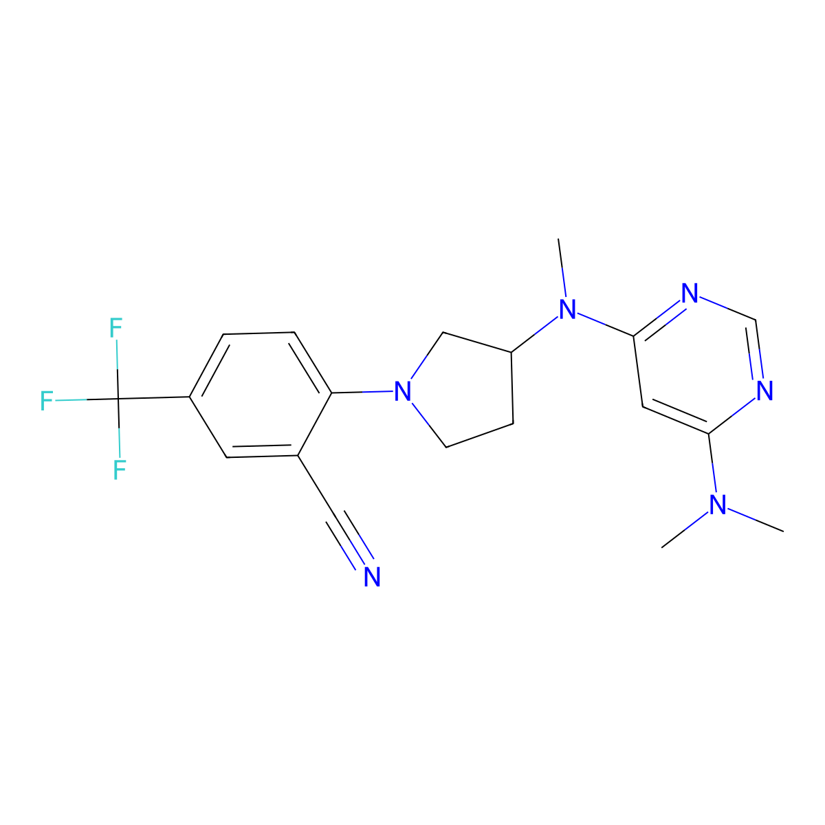 2-(3-{[6-(Dimethylamino)pyrimidin-4-yl](methyl)amino}pyrrolidin-1-yl)-5-(trifluoromethyl)benzonitrile molecular structure, CAS 3054584-45-8
