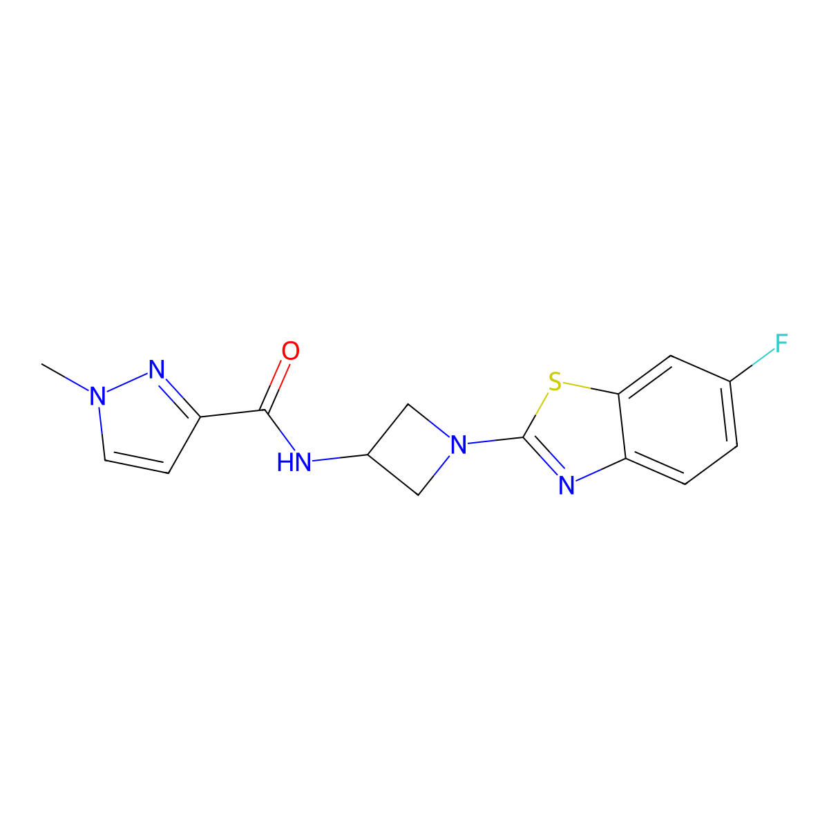 N-[1-(6-fluoro-1,3-benzothiazol-2-yl)azetidin-3-yl]-1-methyl-1H-pyrazole-3-carboxamide molecular structure, CAS 3054584-47-0