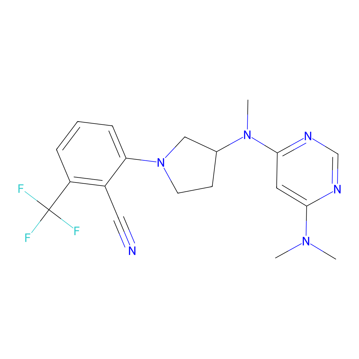 2-[3-[[6-(Dimethylamino)pyrimidin-4-yl]-methylamino]pyrrolidin-1-yl]-6-(trifluoromethyl)benzonitrile molecular structure, CAS 3054584-49-2