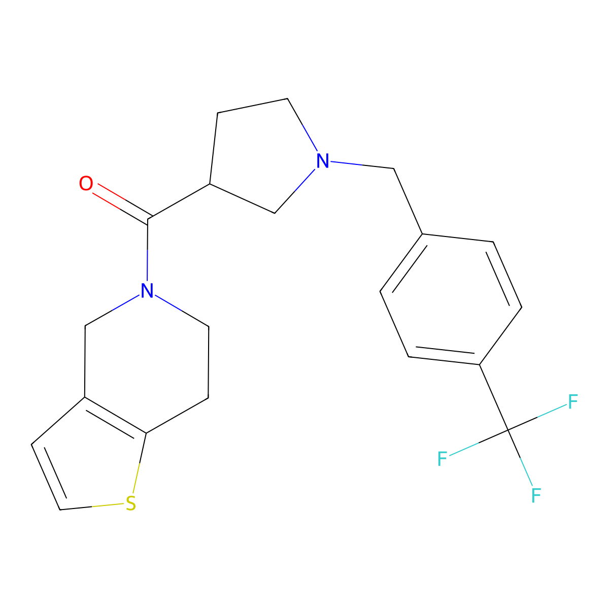 3-{4H,5H,6H,7H-thieno[3,2-c]pyridine-5-carbonyl}-1-{[4-(trifluoromethyl)phenyl]methyl}pyrrolidine molecular structure, CAS 3054584-51-6