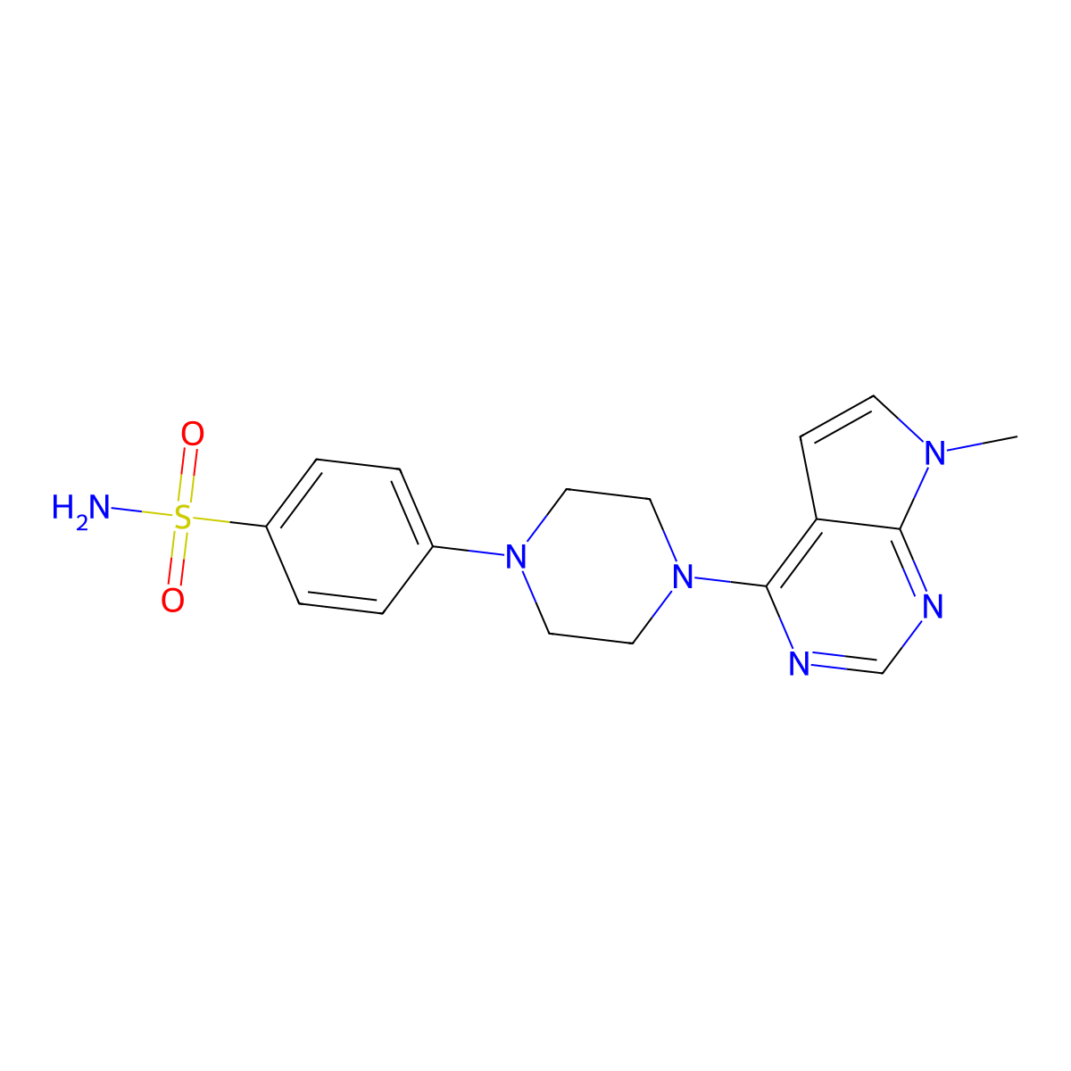 4-(4-{7-methyl-7H-pyrrolo[2,3-d]pyrimidin-4-yl}piperazin-1-yl)benzene-1-sulfonamide molecular structure, CAS 3054584-52-7