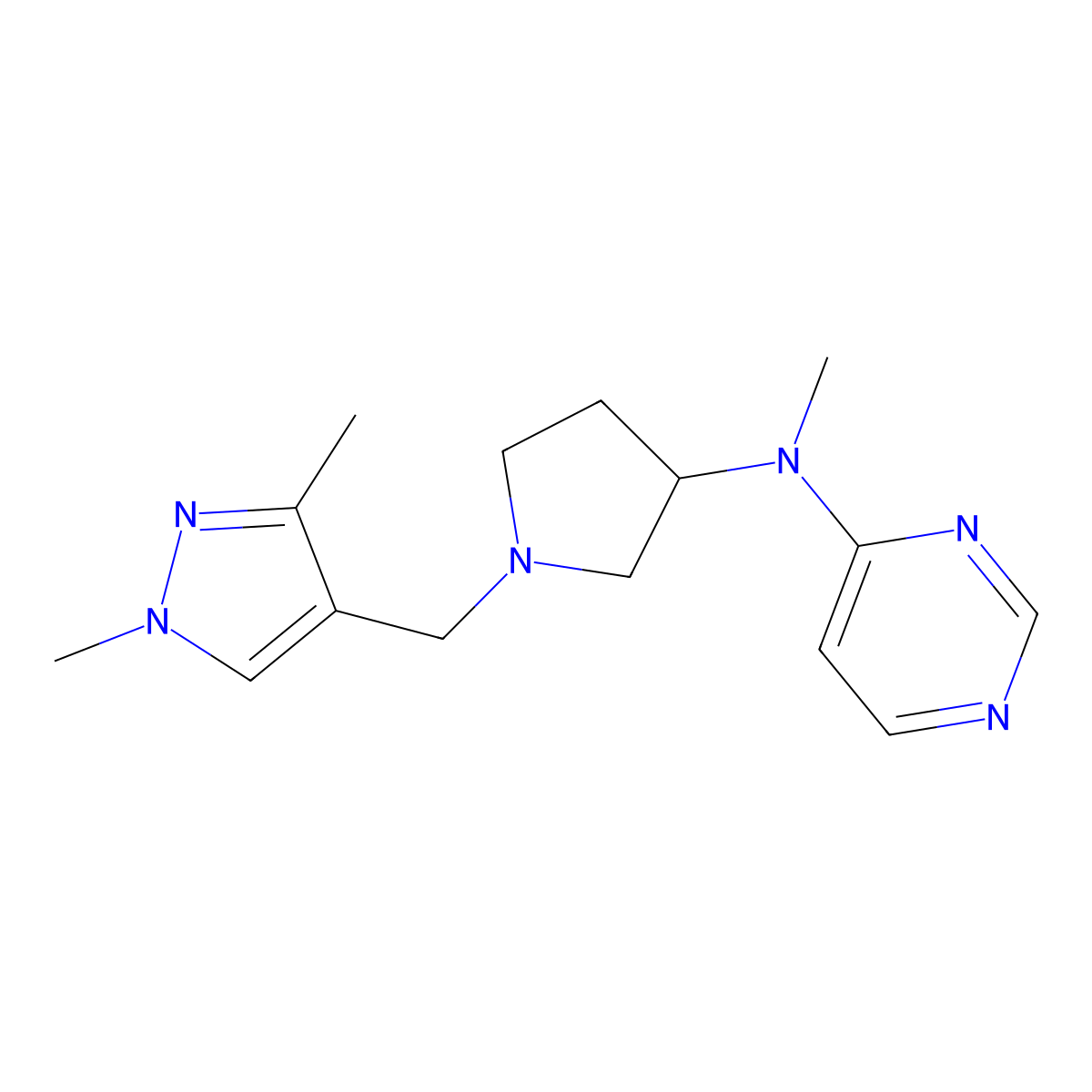 N-{1-[(1,3-dimethyl-1H-pyrazol-4-yl)methyl]pyrrolidin-3-yl}-N-methylpyrimidin-4-amine molecular structure, CAS 3054584-53-8