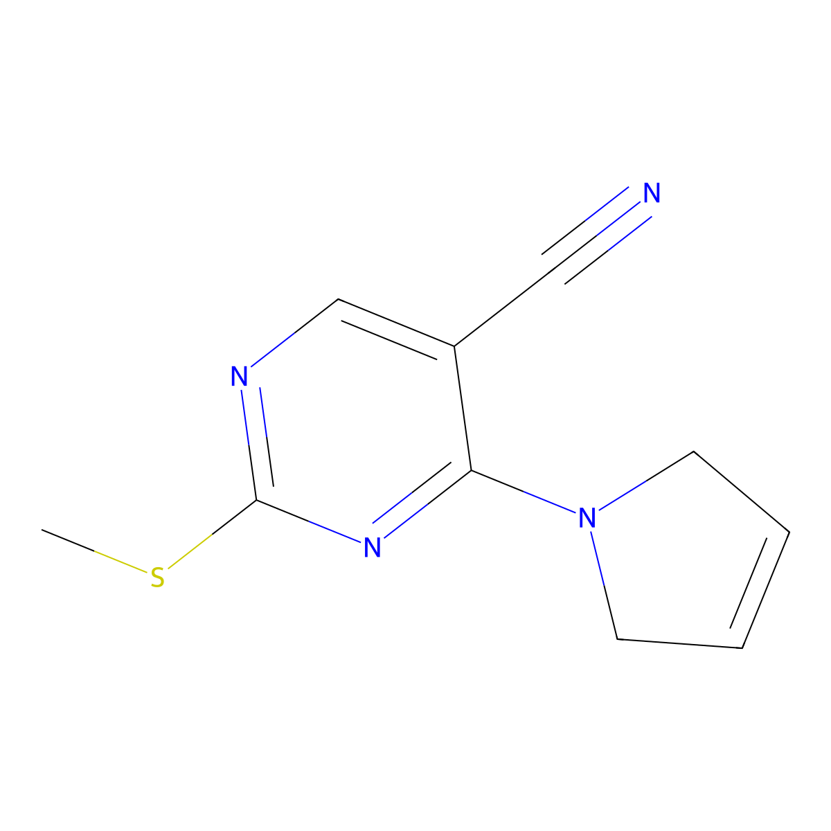 4-(2,5-dihydro-1H-pyrrol-1-yl)-2-(methylsulfanyl)pyrimidine-5-carbonitrile molecular structure, CAS 3054584-54-9