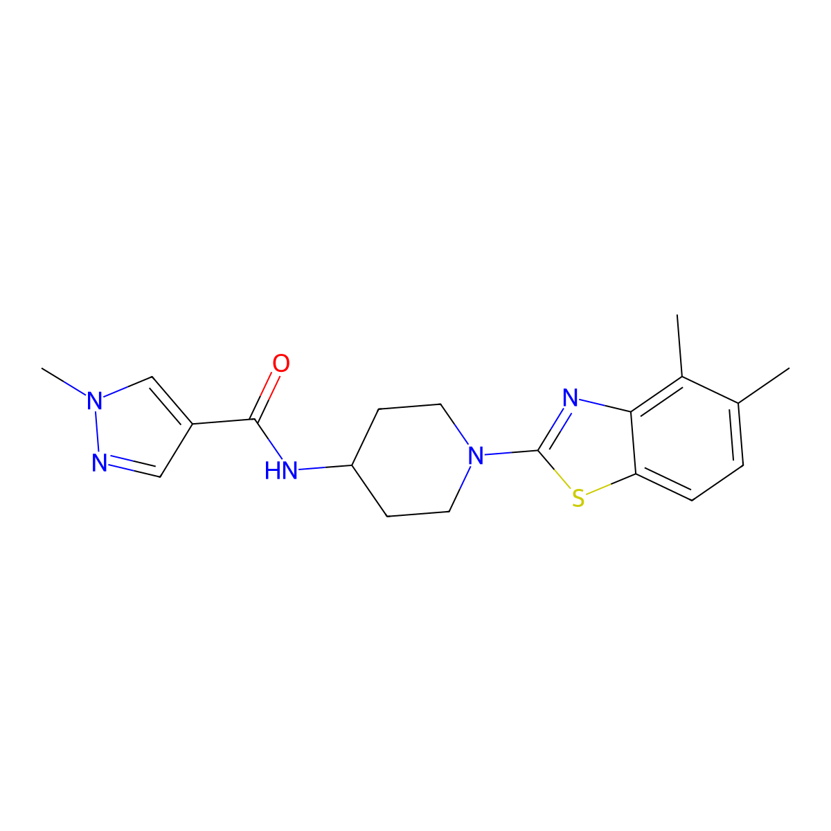 N-[1-(4,5-dimethyl-1,3-benzothiazol-2-yl)piperidin-4-yl]-1-methyl-1H-pyrazole-4-carboxamide molecular structure, CAS 3054584-58-3