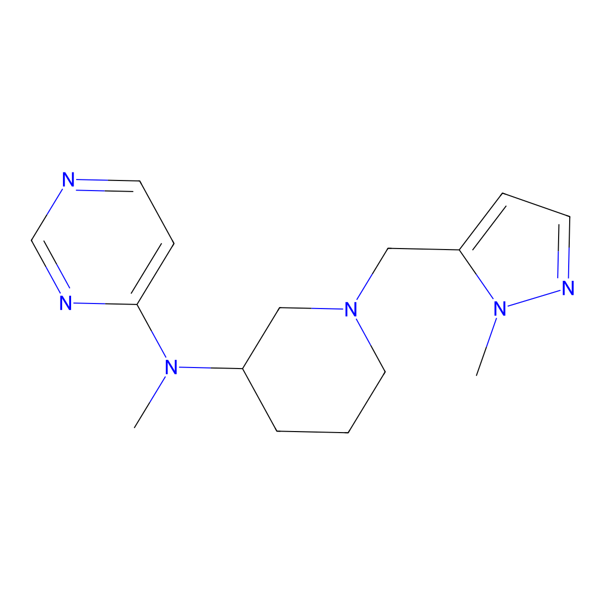 N-methyl-N-{1-[(1-methyl-1H-pyrazol-5-yl)methyl]piperidin-3-yl}pyrimidin-4-amine molecular structure, CAS 3054584-60-7