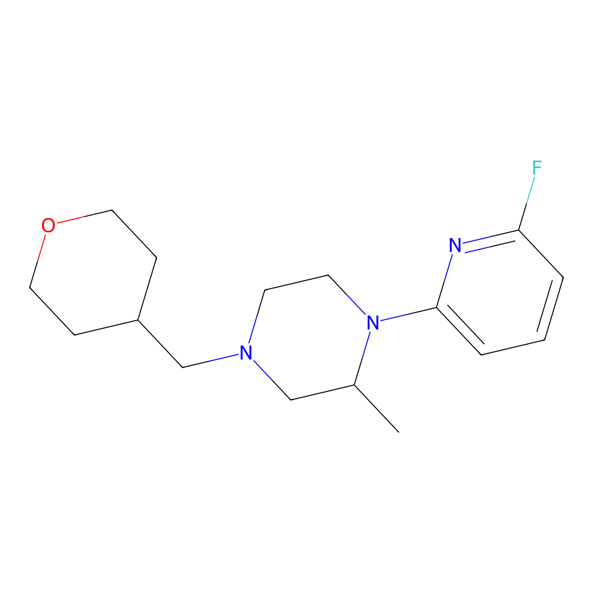 1-(6-Fluoro5-pyridinyl)-2-methyl-4-(oxan-4-ylmethyl)piperazine molecular structure, CAS 3054584-62-9