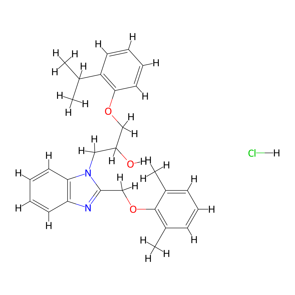 1-{2-[(2,6-dimethylphenoxy)methyl]-1H-1,3-benzodiazol-1-yl}-3-[2-(propan-2-yl)phenoxy]propan-2-ol hydrochloride molecular structure, CAS 3054584-64-1