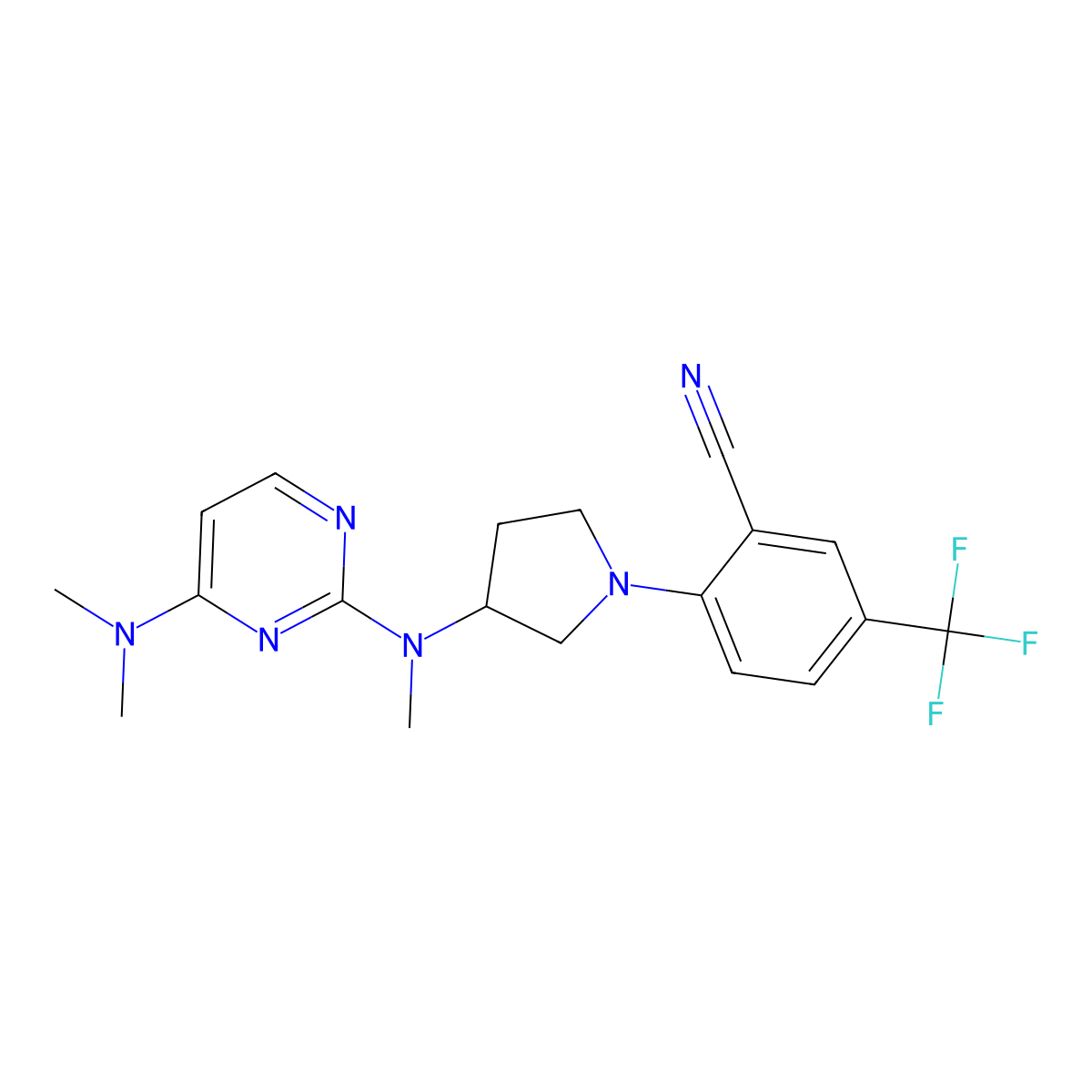 2-(3-{[4-(Dimethylamino)pyrimidin-2-yl](methyl)amino}pyrrolidin-1-yl)-5-(trifluoromethyl)benzonitrile molecular structure, CAS 3054584-69-6