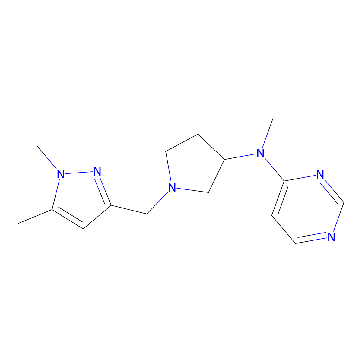 N-{1-[(1,5-dimethyl-1H-pyrazol-3-yl)methyl]pyrrolidin-3-yl}-N-methylpyrimidin-4-amine molecular structure, CAS 3054584-76-5