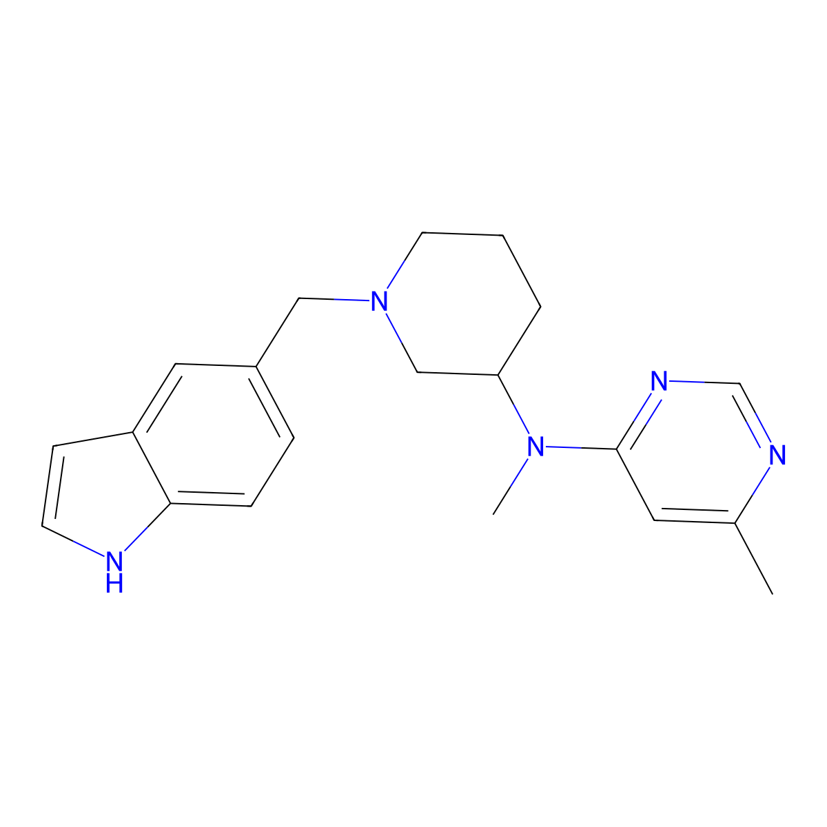 N-{1-[(1H-indol-5-yl)methyl]piperidin-3-yl}-N,6-dimethylpyrimidin-4-amine molecular structure, CAS 3054584-77-6
