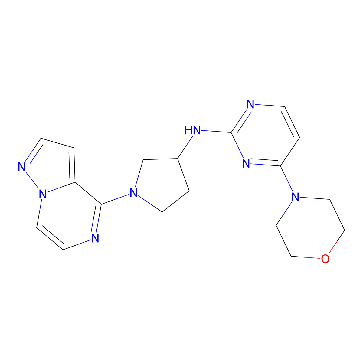 4-(morpholin-4-yl)-N-(1-{pyrazolo[1,5-a]pyrazin-4-yl}pyrrolidin-3-yl)pyrimidin-2-amine molecular structure, CAS 3054584-80-1