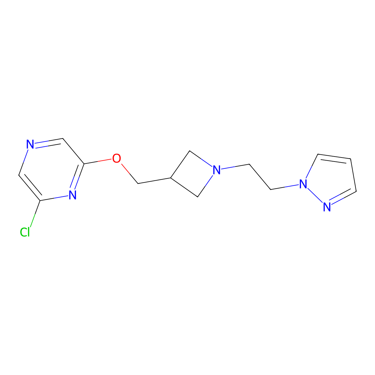 2-chloro-6-({1-[2-(1H-pyrazol-1-yl)ethyl]azetidin-3-yl}methoxy)pyrazine molecular structure, CAS 3054584-84-5