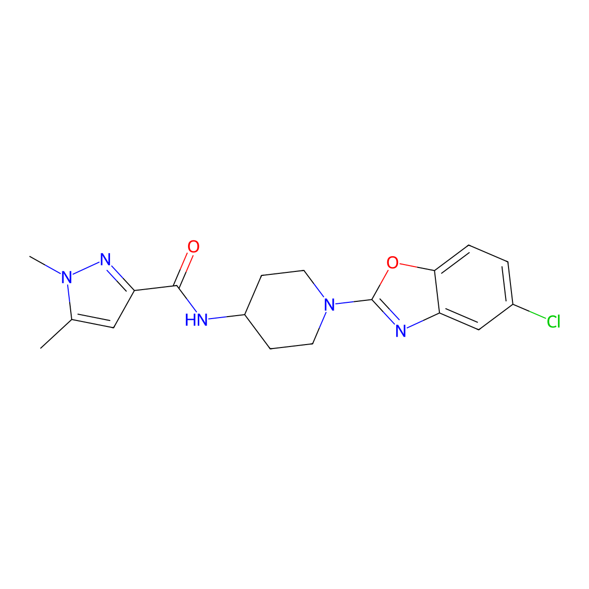 N-[1-(5-chloro-1,3-benzoxazol-2-yl)piperidin-4-yl]-1,5-dimethyl-1H-pyrazole-3-carboxamide molecular structure, CAS 3054584-85-6