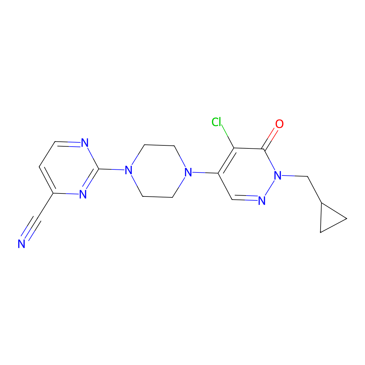 2-{4-[5-Chloro-1-(cyclopropylmethyl)-6-oxo-1,6-dihydropyridazin-4-yl]piperazin-1-yl}pyrimidine-4-carbonitrile molecular structure, CAS 3054584-91-4