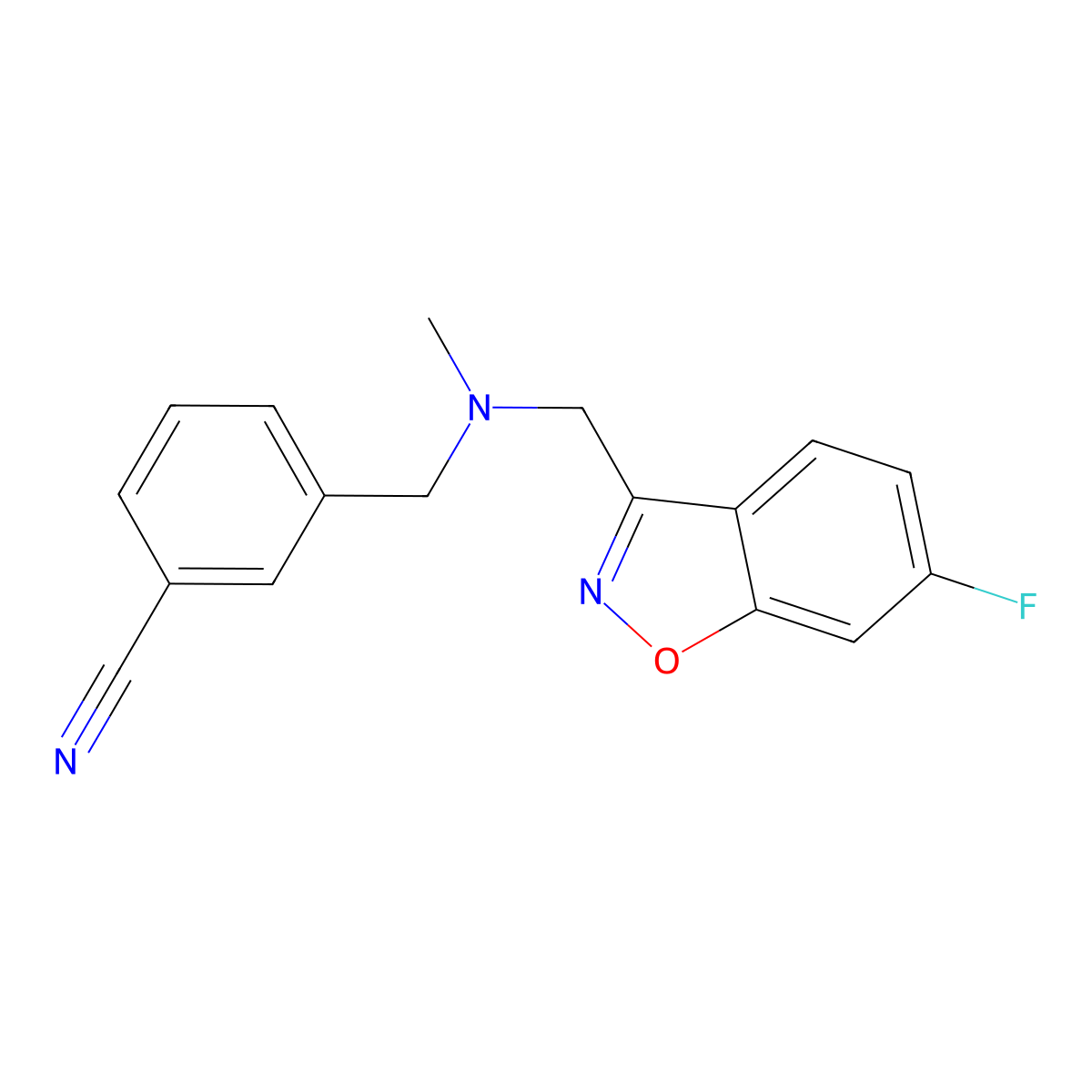 3-({[(6-Fluoro-1,2-benzoxazol-3-yl)methyl](methyl)amino}methyl)benzonitrile molecular structure, CAS 3054584-92-5