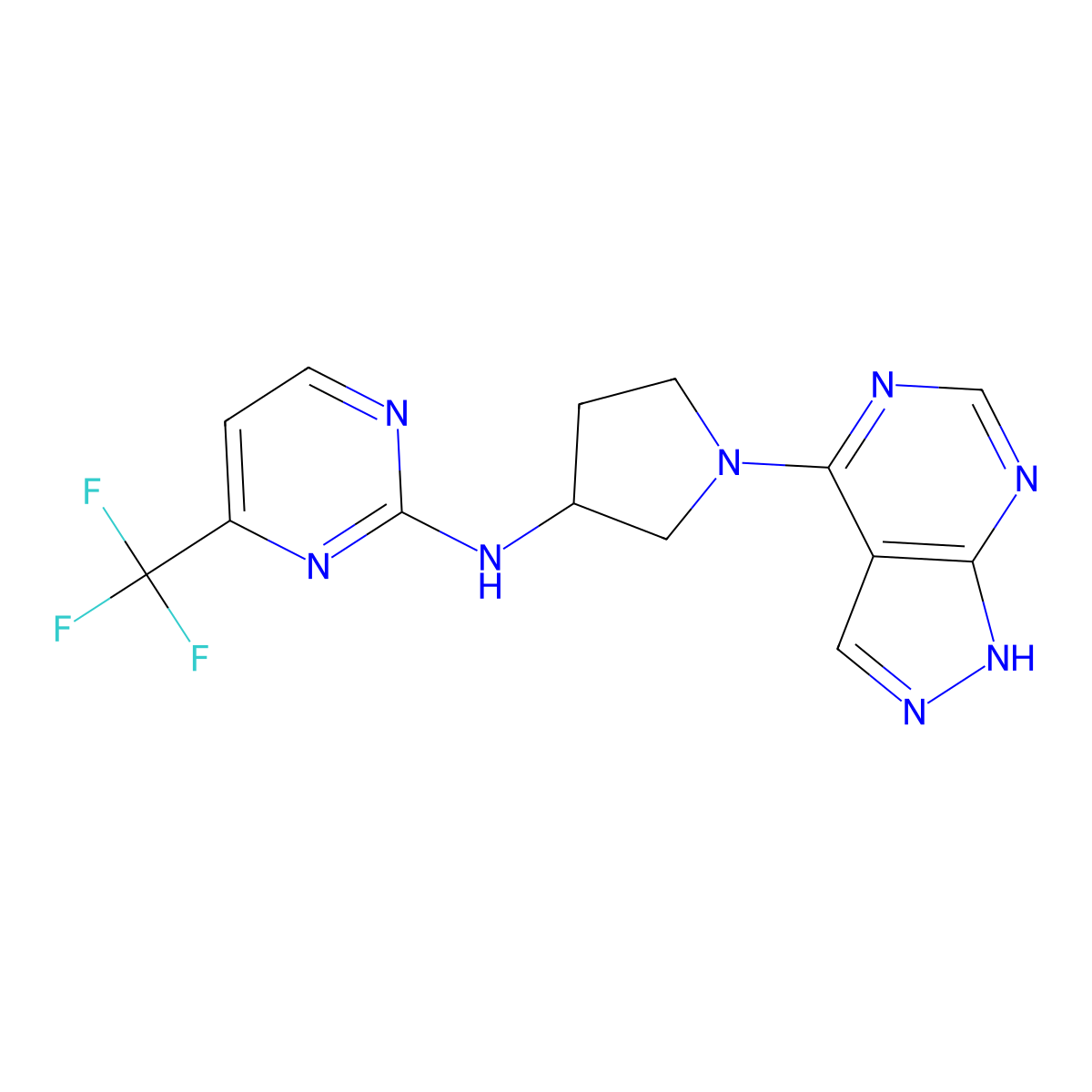 N-(1-{1H-pyrazolo[3,4-d]pyrimidin-4-yl}pyrrolidin-3-yl)-4-(trifluoromethyl)pyrimidin-2-amine molecular structure, CAS 3054584-95-8
